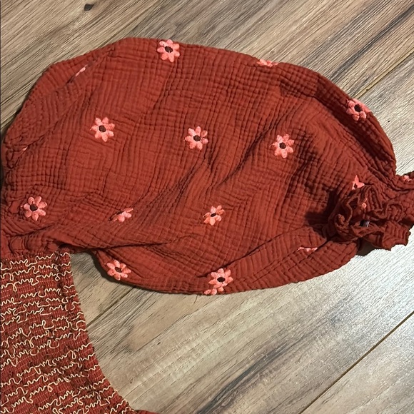 Rust Smocked Maxi Dress with Floral Embroidery - Picture 5 of 5